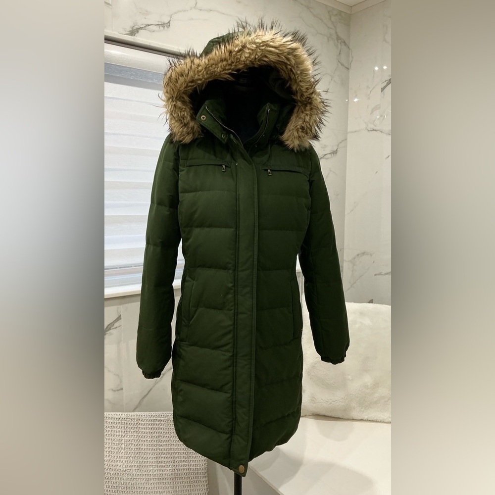Lands' End Green Puffer Coat with Faux Fur Hood